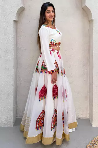 White Rayon Readymade Navratri Lehenga Choli with Embroidery & Mirror Work