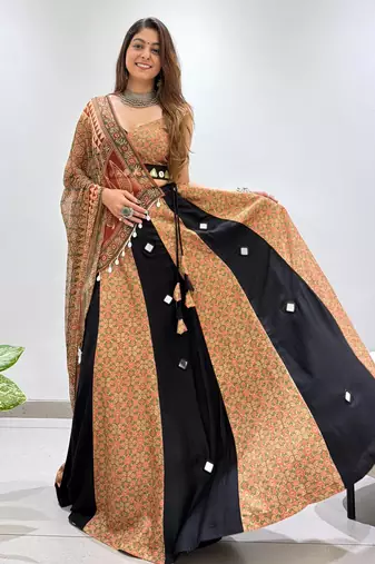Olive&Black Rayon Readymade Navratri Lehenga Choli with Embroidery & Mirror Work