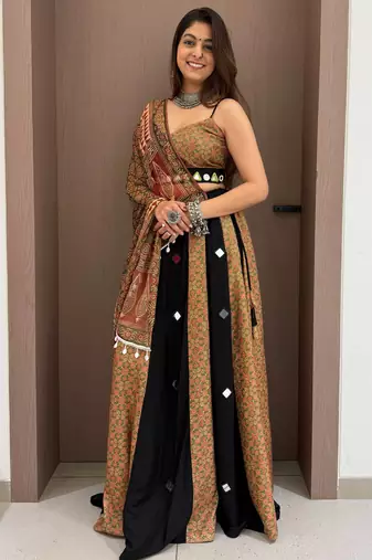 Olive&Black Rayon Readymade Navratri Lehenga Choli with Embroidery & Mirror Work