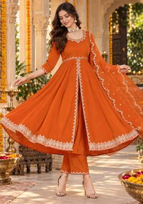 Women's elegant roman silk front-cut anarkali kurti set with organza dupatta 1