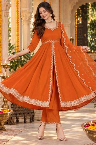 Women's elegant roman silk front-cut anarkali kurti set with organza dupatta