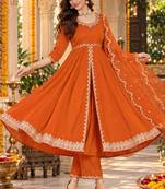 Women's elegant roman silk front-cut anarkali kurti set with organza dupatta