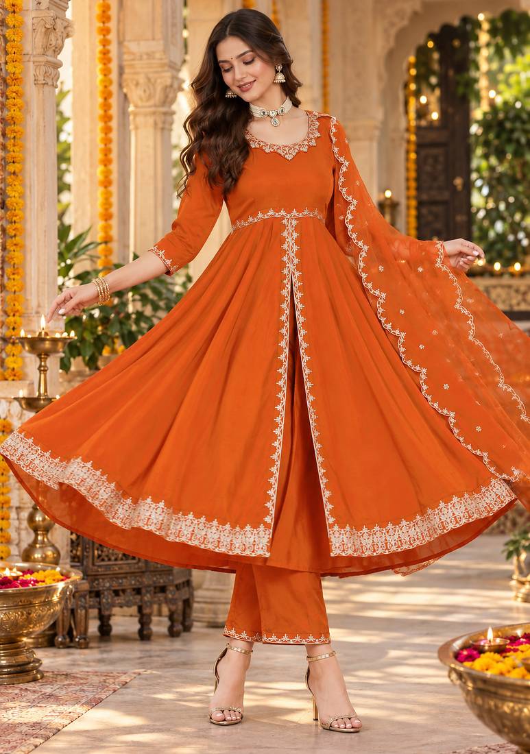 Women's elegant roman silk front-cut anarkali kurti set with organza dupatta