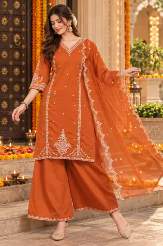 Women's roman silk kurti set with organza dupatta – elegant ethnic wear