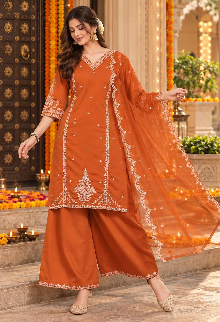 Women's roman silk kurti set with organza dupatta – elegant ethnic wear