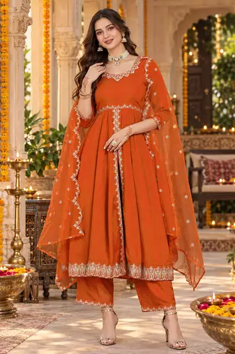Women's elegant roman silk front-cut anarkali kurti set with organza dupatta