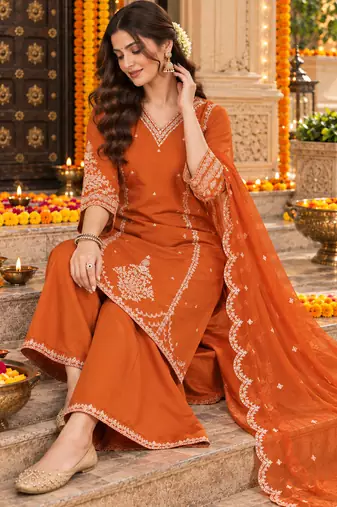 Women's roman silk kurti set with organza dupatta – elegant ethnic wear