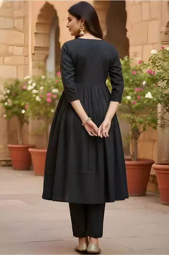 Women's Long Flared V-Neck with Button Details Anarkali shape Empire Waist,Kurta Pant Set