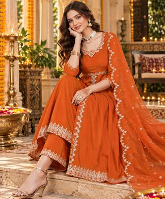 Women's elegant roman silk front-cut anarkali kurti set with organza dupatta 2