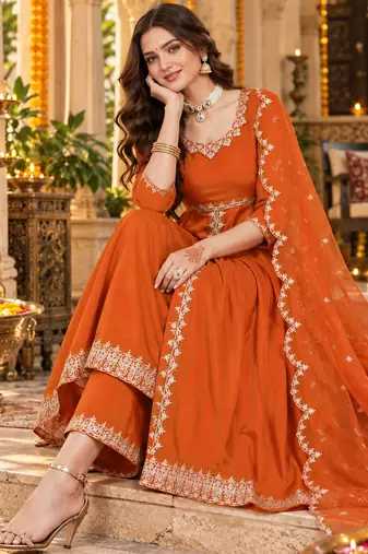 Women's elegant roman silk front-cut anarkali kurti set with organza dupatta