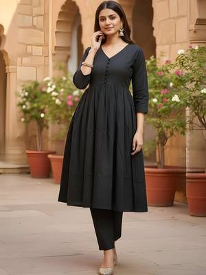 Women's Long Flared V-Neck with Button Details Anarkali shape Empire Waist,Kurta Pant Set 5