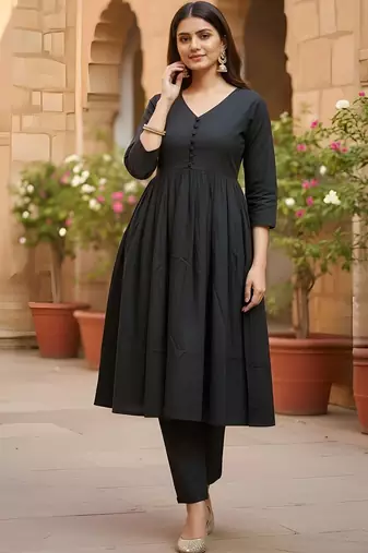 Women's Long Flared V-Neck with Button Details Anarkali shape Empire Waist,Kurta Pant Set