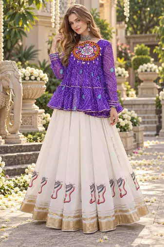 Violet&White Georgette Readymade Navratri Lehenga Choli with Kutchi Patchwork