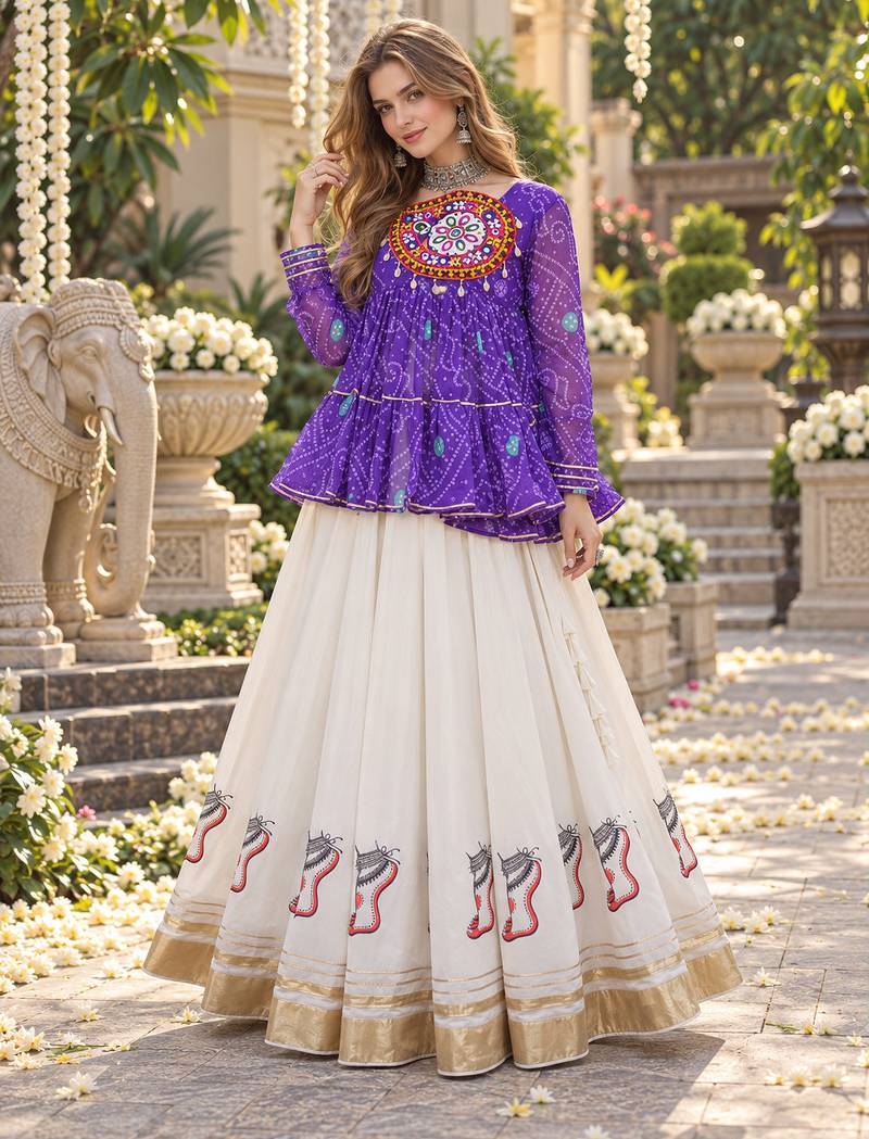 Violet&White Georgette Readymade Navratri Lehenga Choli with Kutchi Patchwork
