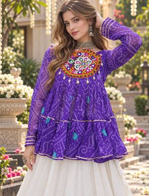Violet&White Georgette Readymade Navratri Lehenga Choli with Kutchi Patchwork 2