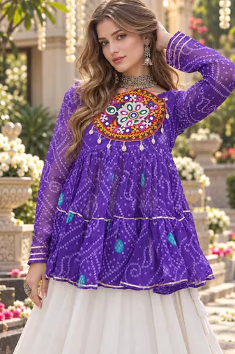 Violet&White Georgette Readymade Navratri Lehenga Choli with Kutchi Patchwork