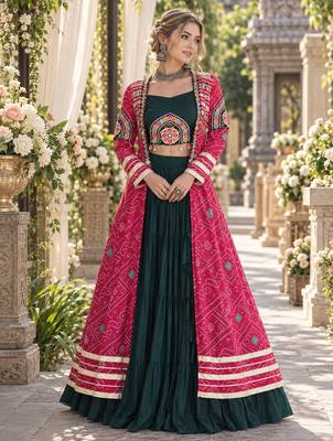 D Green Rayon Readymade Navratri Lehenga Choli with Kutchi Patchwork 1