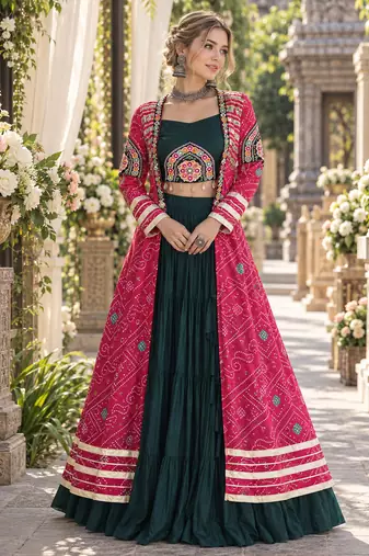 D Green Rayon Readymade Navratri Lehenga Choli with Kutchi Patchwork