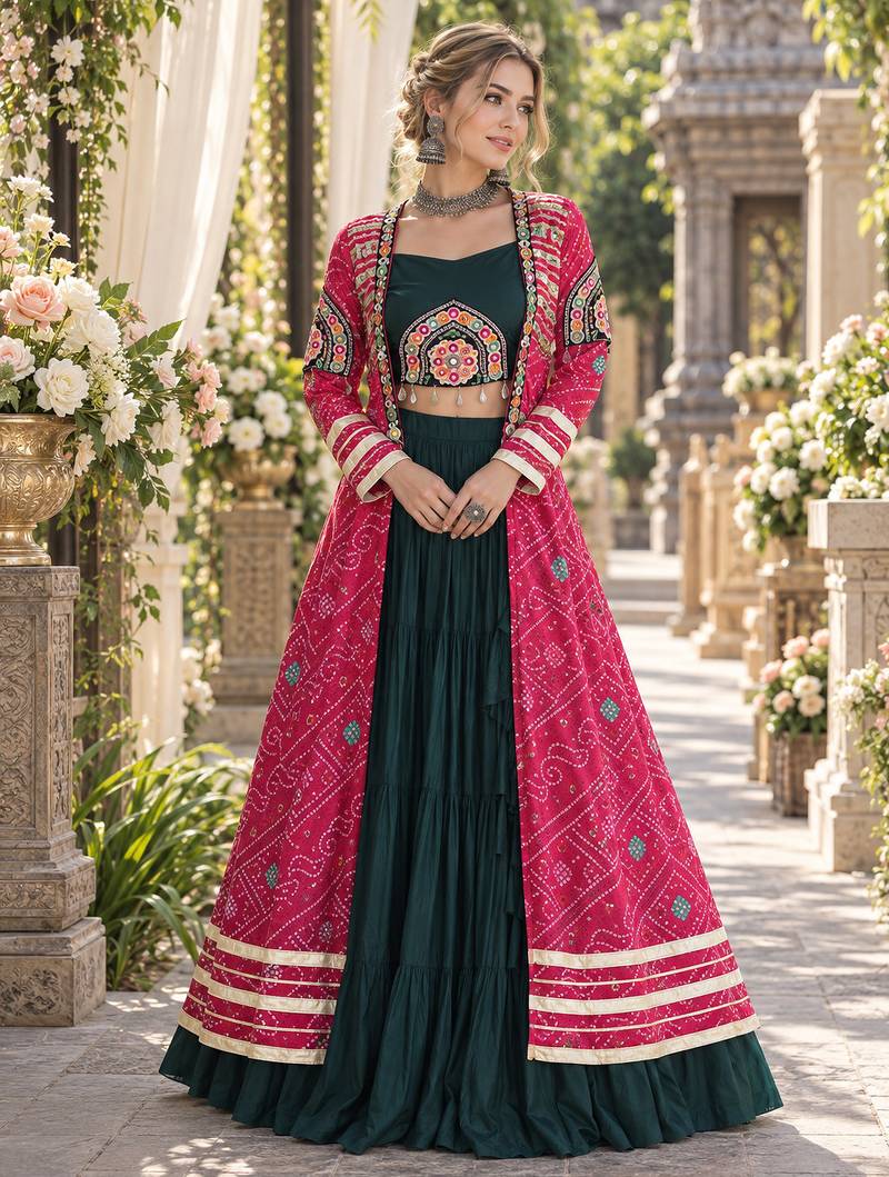 D Green Rayon Readymade Navratri Lehenga Choli with Kutchi Patchwork