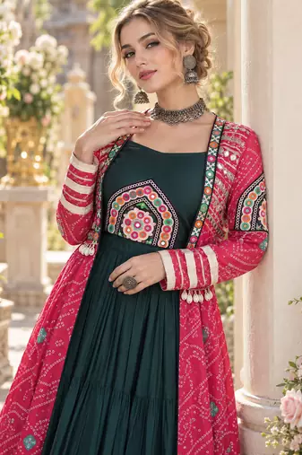 D Green Rayon Readymade Navratri Lehenga Choli with Kutchi Patchwork