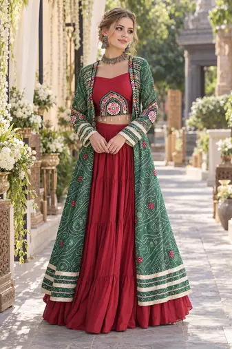 Maroon Rayon Readymade Navratri Lehenga Choli with Kutchi Patchwork