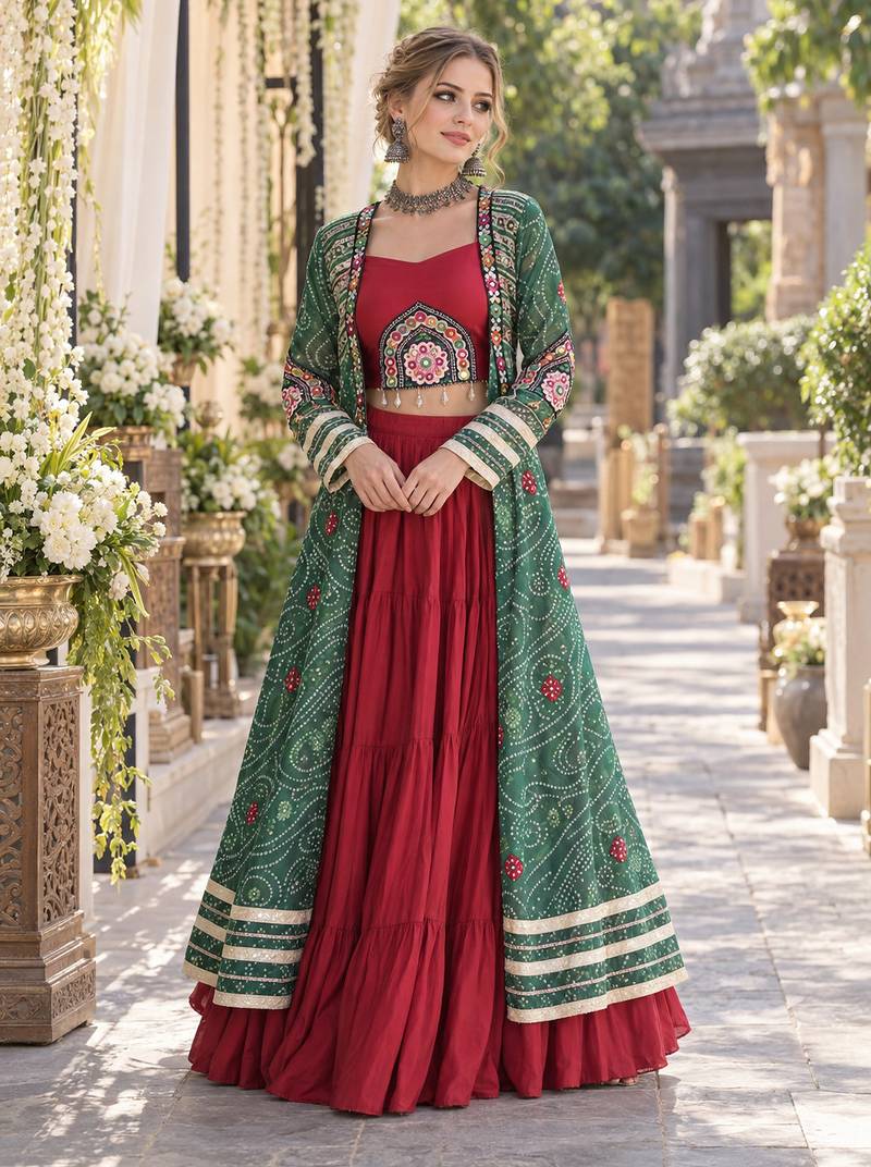 Maroon Rayon Readymade Navratri Lehenga Choli with Kutchi Patchwork