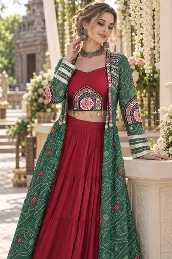 Maroon Rayon Readymade Navratri Lehenga Choli with Kutchi Patchwork