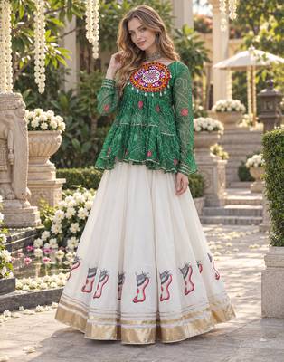 Green&White Georgette Readymade Navratri Lehenga Choli with Kutchi Patchwork 1
