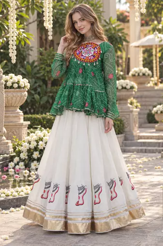 Green&White Georgette Readymade Navratri Lehenga Choli with Kutchi Patchwork