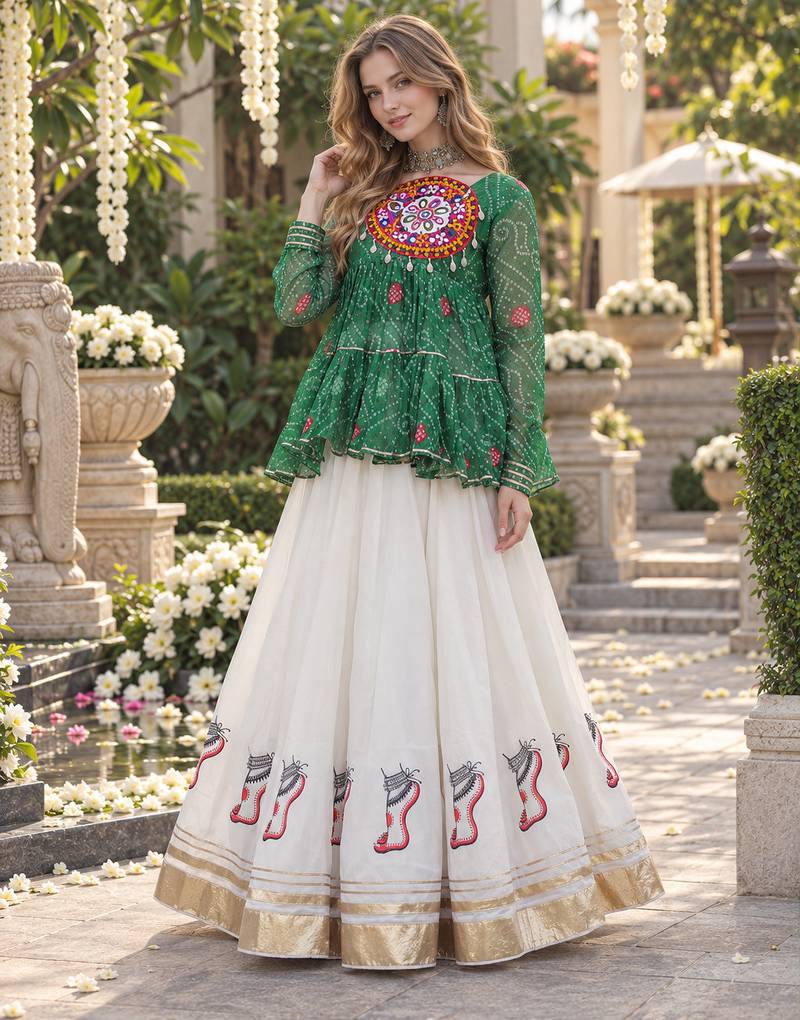 Green&White Georgette Readymade Navratri Lehenga Choli with Kutchi Patchwork