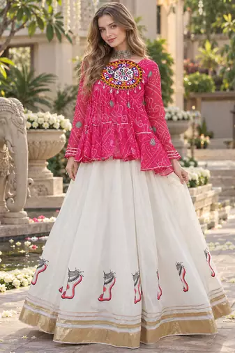 Rani&White Georgette Readymade Navratri Lehenga Choli with Kutchi Patchwork
