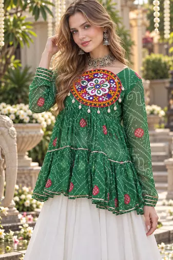 Green&White Georgette Readymade Navratri Lehenga Choli with Kutchi Patchwork