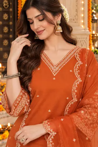 Women's roman silk kurti set with organza dupatta – elegant ethnic wear