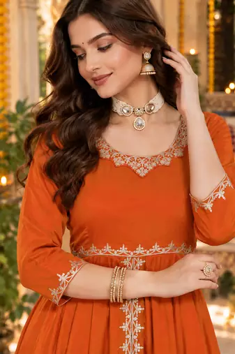 Women's elegant roman silk front-cut anarkali kurti set with organza dupatta