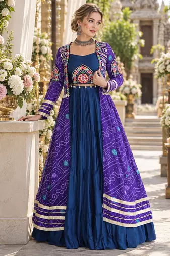 Teal Rayon Readymade Navratri Lehenga Choli with Kutchi Patchwork