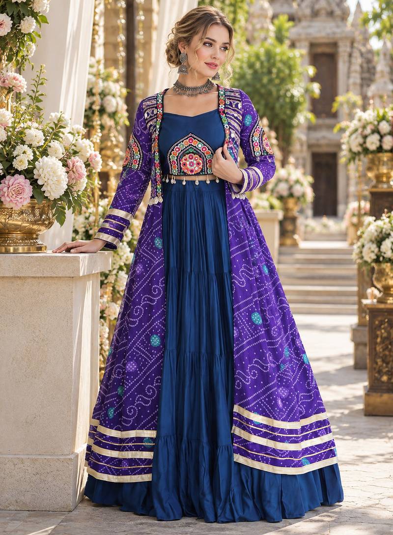Teal Rayon Readymade Navratri Lehenga Choli with Kutchi Patchwork