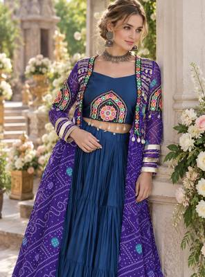 Teal Rayon Readymade Navratri Lehenga Choli with Kutchi Patchwork 2
