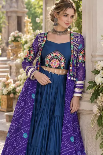 Teal Rayon Readymade Navratri Lehenga Choli with Kutchi Patchwork