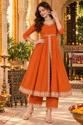 Women's elegant roman silk front-cut anarkali kurti set with organza dupatta