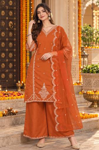 Women's roman silk kurti set with organza dupatta – elegant ethnic wear