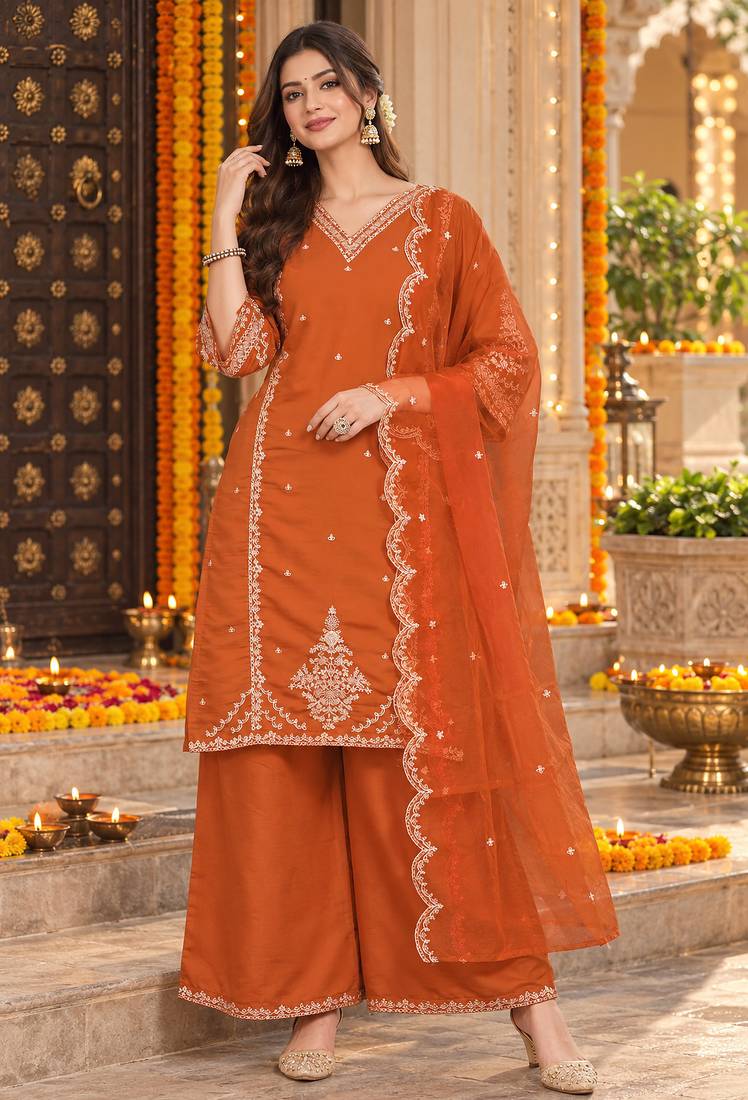 Women's roman silk kurti set with organza dupatta – elegant ethnic wear