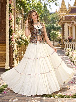 Off White Cotton Readymade Navratri Lehenga Choli with Mirror & Embroidery Work 1