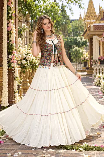 Off White Cotton Readymade Navratri Lehenga Choli with Mirror & Embroidery Work