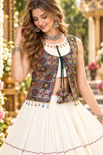 Off White Cotton Readymade Navratri Lehenga Choli with Mirror & Embroidery Work