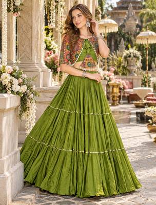 Green Cotton Readymade Navratri Lehenga Choli with Thread & Sequence Work 1