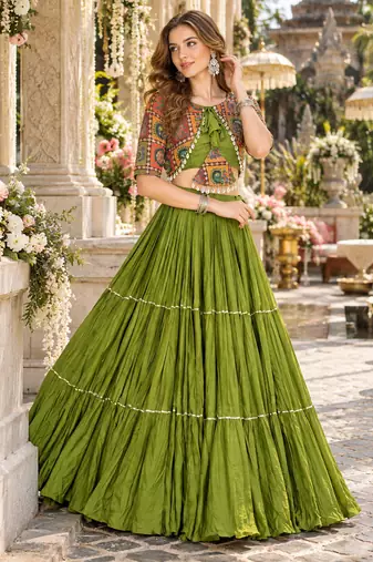 Green Cotton Readymade Navratri Lehenga Choli with Thread & Sequence Work