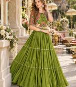 Green Cotton Readymade Navratri Lehenga Choli with Thread & Sequence Work