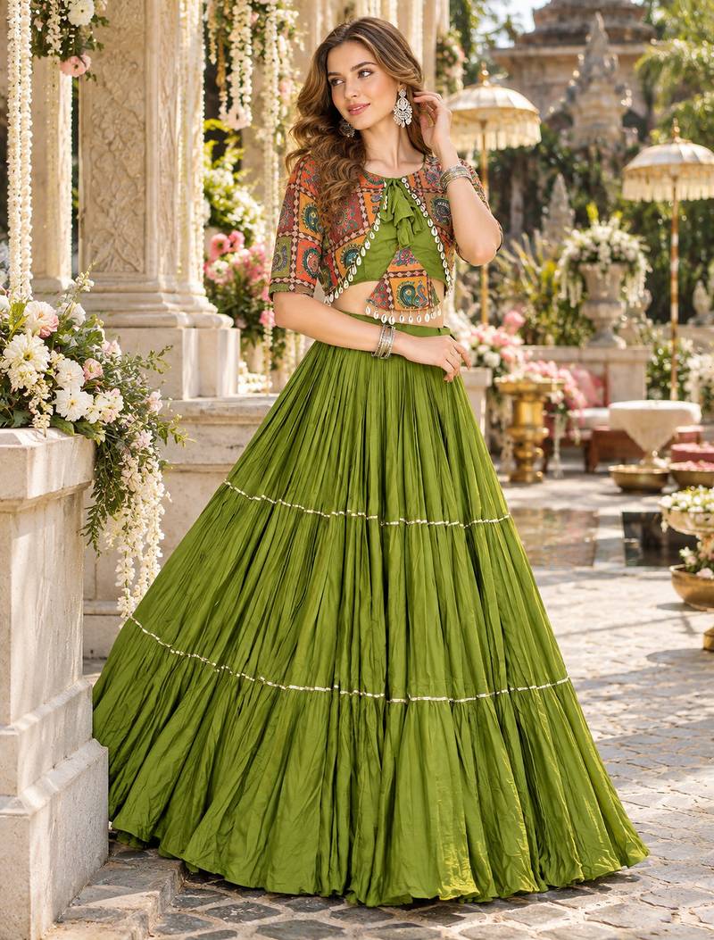Green Cotton Readymade Navratri Lehenga Choli with Thread & Sequence Work