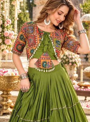 Green Cotton Readymade Navratri Lehenga Choli with Thread & Sequence Work 2