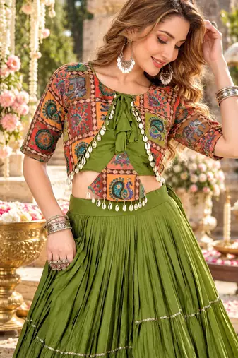 Green Cotton Readymade Navratri Lehenga Choli with Thread & Sequence Work